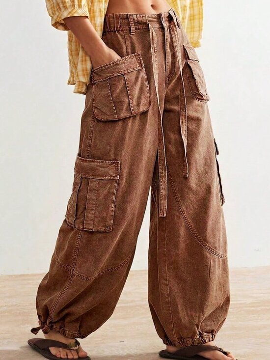 Pants - Brown Casual Women's Woven Loose Drawstring Waist Low-Rise Wide Leg Pants
